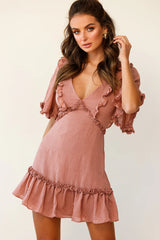 Halo V-neckline Frill Detail Dress Rose