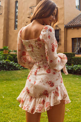 Make Memories Balloon Sleeve Molded Bust Dress Vintage Floral Beige