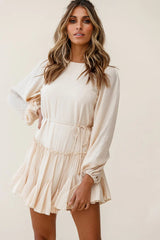 Rosabel Balloon Sleeve Fluted Hem Dress Beige