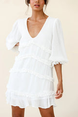Tabitha Balloon Sleeve Loose Fit Frill Detail Dress White