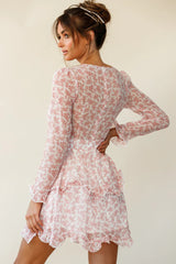Greta Tiered Ruffle Chiffon Dress Floral Pattern Blush