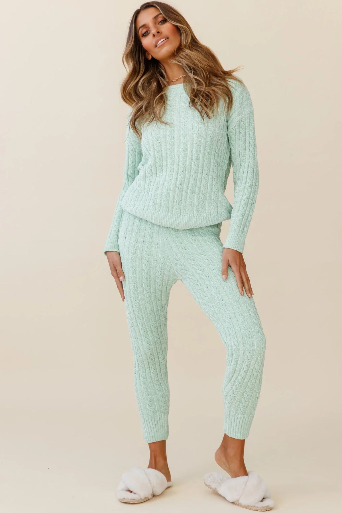 Kansas Cable Knit Fitted Pants Green