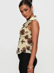 Present Tense Sheer Ruched Top Yellow Floral