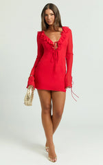 Alesya Mini Dress Ruffle Plunge Neck Long Sleeve Tie Detail Dress in Red