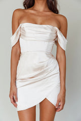 Night To Remember Off-Shoulder Satin Dress Champagne