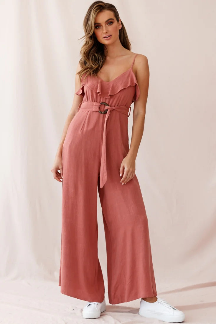 Mason Ruffle Neckline Wooden Buckle Belt Jumpsuit Rose