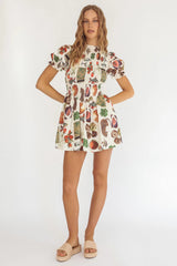 Nia Shirred Puff Sleeve Mini Dress Exotic Print Beige