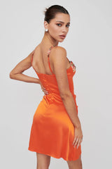 Rose Garden Floral Applique Pleat Mini Dress Orange