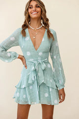 Kerry Layered Balloon Sleeve Dress Spot Print Green