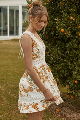 Indio Crochet Insert Deep V-Neckline Mini Dress Floral Print White/Orange