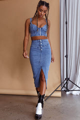 Trina Button Front Midi Skirt Blue