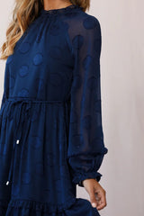 Tracee High Neckline Sheer Sleeve Polka Dot Dress Navy