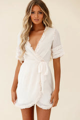 Shandra Short Sleeve Frill Trim Wrap Dress Beige