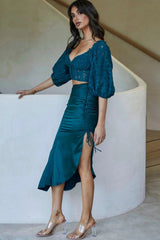 Twinkling Nights Asymmetrical Hem Ruched Side Satin Midi Skirt Jade Green