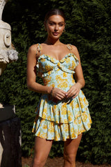 Vacanza Tie Strap Frill Mini Dress Floral Blue/Yellow