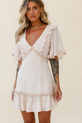 Halo V-Neckline Frill Detail Dress Nude