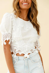 Tori Puff Sleeve Lace Trim Top White
