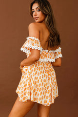 Jalisco Off-Shoulder Waist Tie Romper Floral Print White/Orange