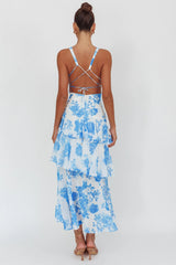 Veda Strappy Back Ruffle Maxi Dress Roses Blue