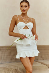 Moment Of Truth String-Tie Ruffle Trim Mini Dress White