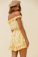 Sail Away Off-Shoulder Frill Accent Dress Tropical Print Yellow