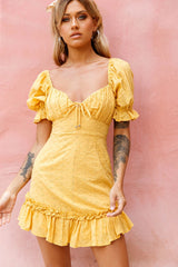 Hayden Puff Sleeve Eyelet Embroidery Dress Yellow
