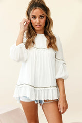 Marionette Three-Quarter Sleeve Pom-Pom Top White