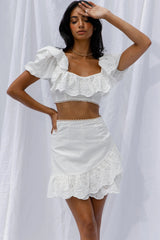 New Moon Ruffle Trim Puff Sleeve Eyelet Crop Top White