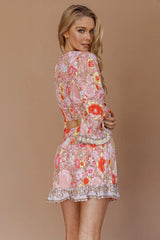 Island Girl Long Sleeve Tied Crop Top Floral Pink