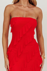 Just Friends Strapless Ruffle Maxi Dress Red