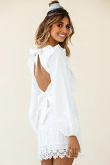Gracious Long Sleeve Floral Lace Accent Dress White