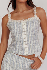 Palmas Hook & Eye Lace Trim Top Floral Blue