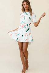 Manuela Half Sleeve Lace-Up Back Dress Leaf Print White