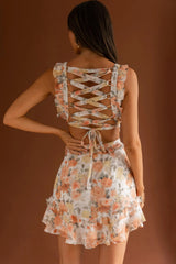 My Belle V-Neckline Lace-Up Back Frill Dress Floral Orange