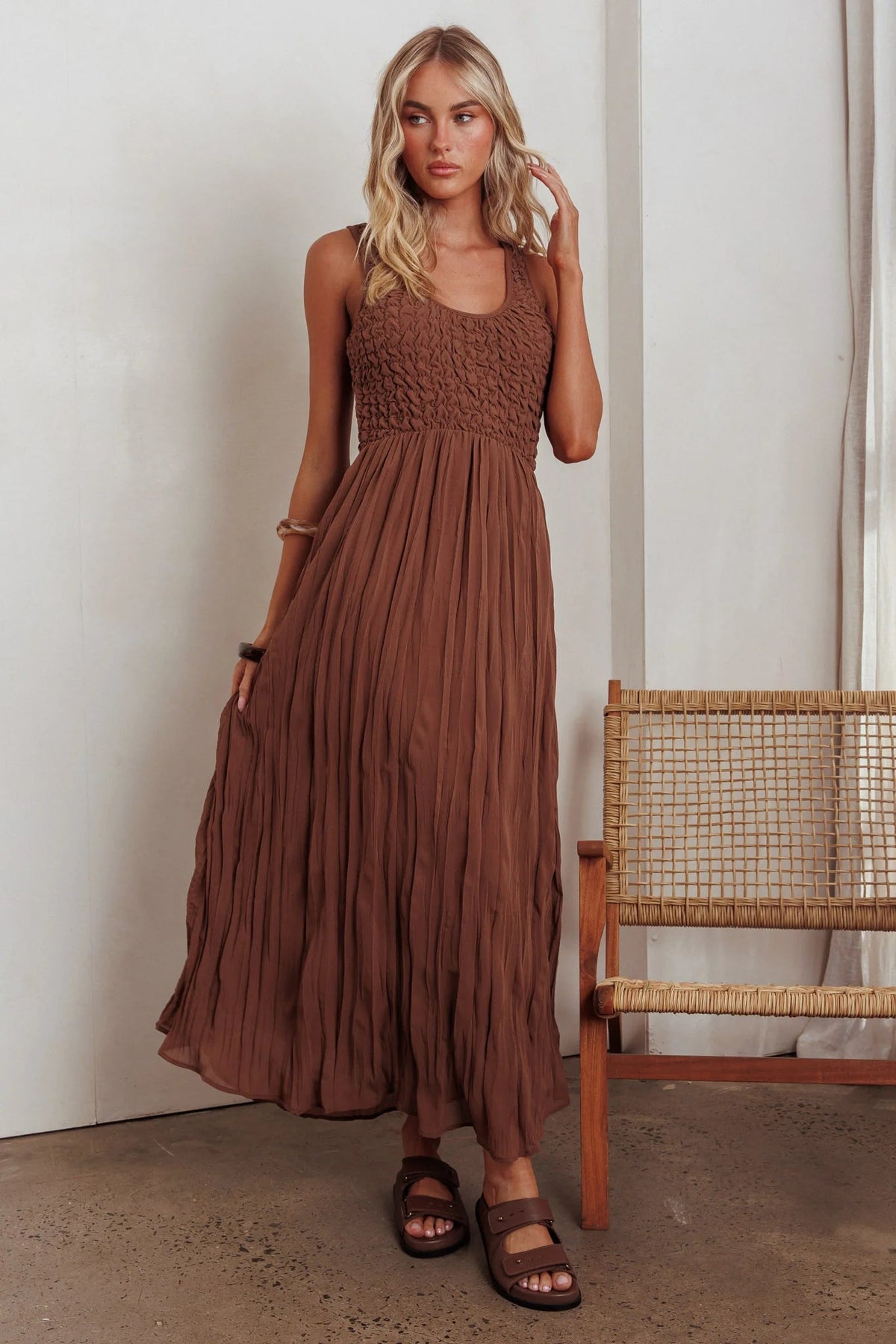 Mirella Smocked Bodice Maxi Dress Mocha