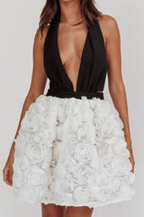 Juliette Plunging Halter Rosette Dress White/Black
