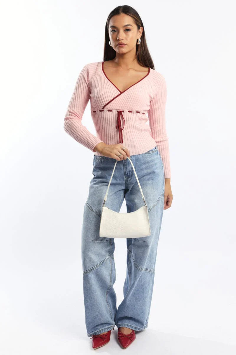 Pink Knit Top Long Sleeve Wrap Front Contrast Ribbon