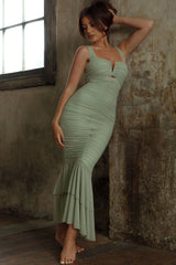 Nadia Ruched Fishtail Maxi Dress Pistachio