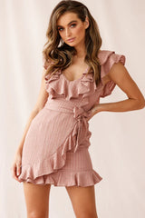 Honor Ruffle Neckline Faux Wrap Dress Rose