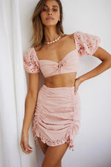 Sweet September Bust Tie Puff Sleeve Crop Top Blush