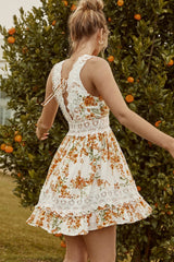Indio Crochet Insert Deep V-Neckline Mini Dress Floral Print White/Orange