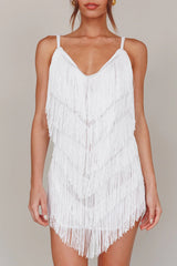 Vintage Charm Fringe Mini Dress White