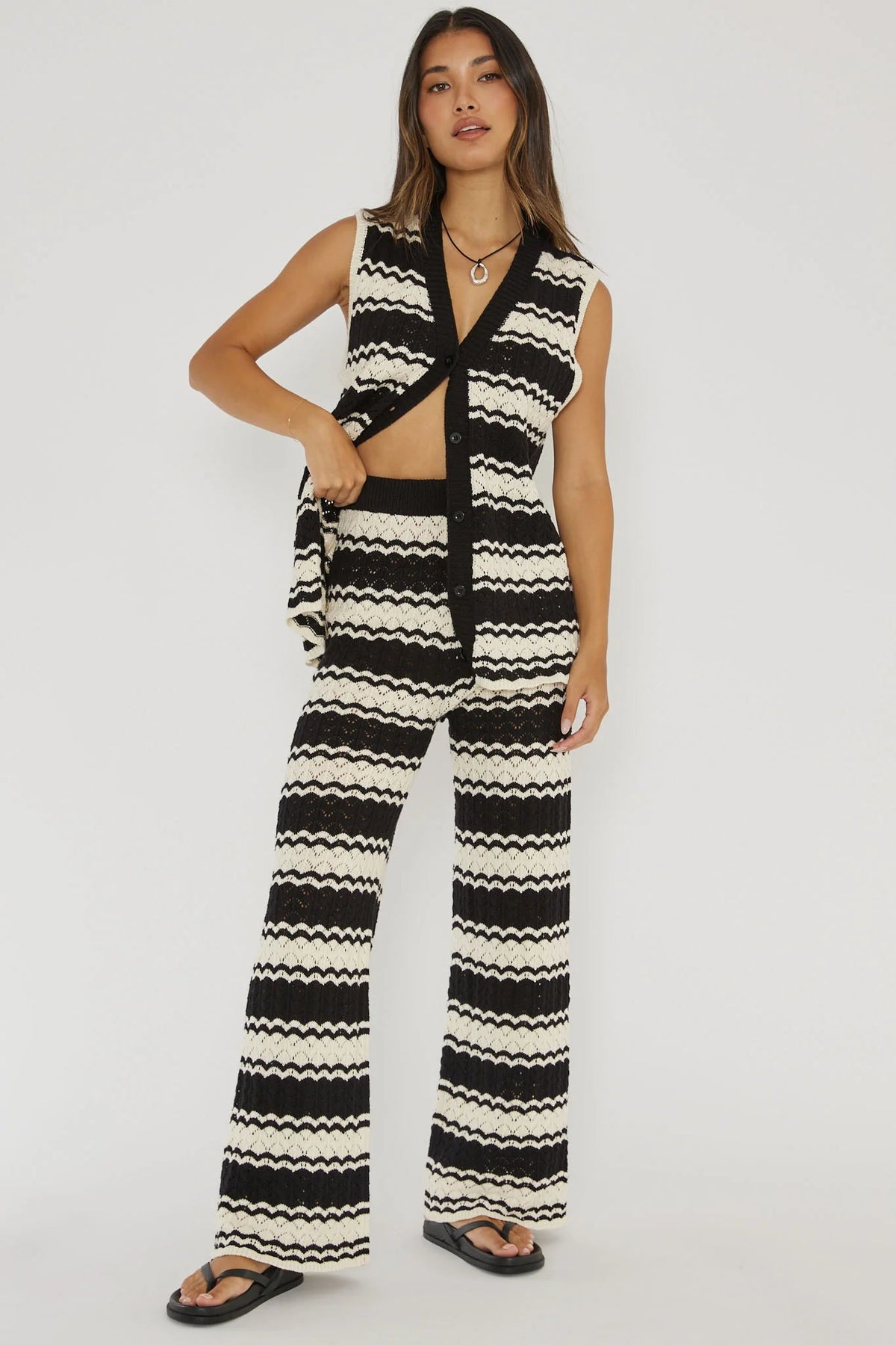 Maysah Elastic Waist Crochet Pants Black/White