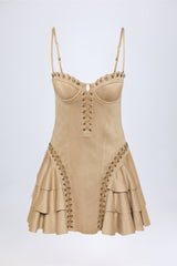 Lace-Up Tiered Corset Mini Dress in Tan
