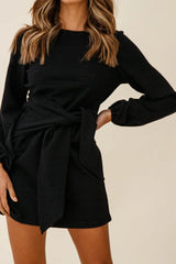 Rapt Waist Tie Bishop Sleeve Knit Dress Black