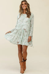 Mina Long Sleeve Button Back Shift Dress Ornate Print Green