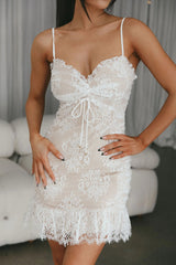 St Tropez Cami Strap Frill Hem Lace Mini Dress White