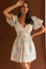 Lovers Lane Lace Trim Puff Sleeve Dress Floral Apricot