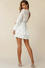 Henrietta Lace Overlay Long Sleeve Ruffle Dress White