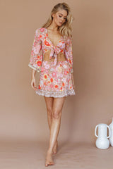 Island Girl Long Sleeve Tied Crop Top Floral Pink
